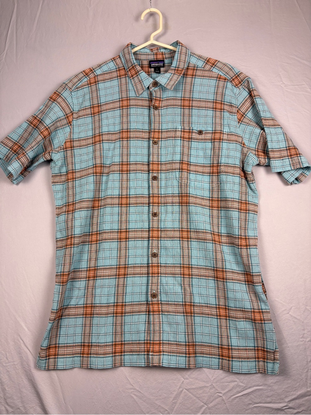 Patagonia Organic Cotton Plaid Shirt Mens Large Blue Orange Button Up